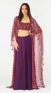 Purple Crepe Embroidered Cape Set