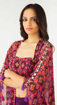 Purple Crepe Embroidered Cape Set