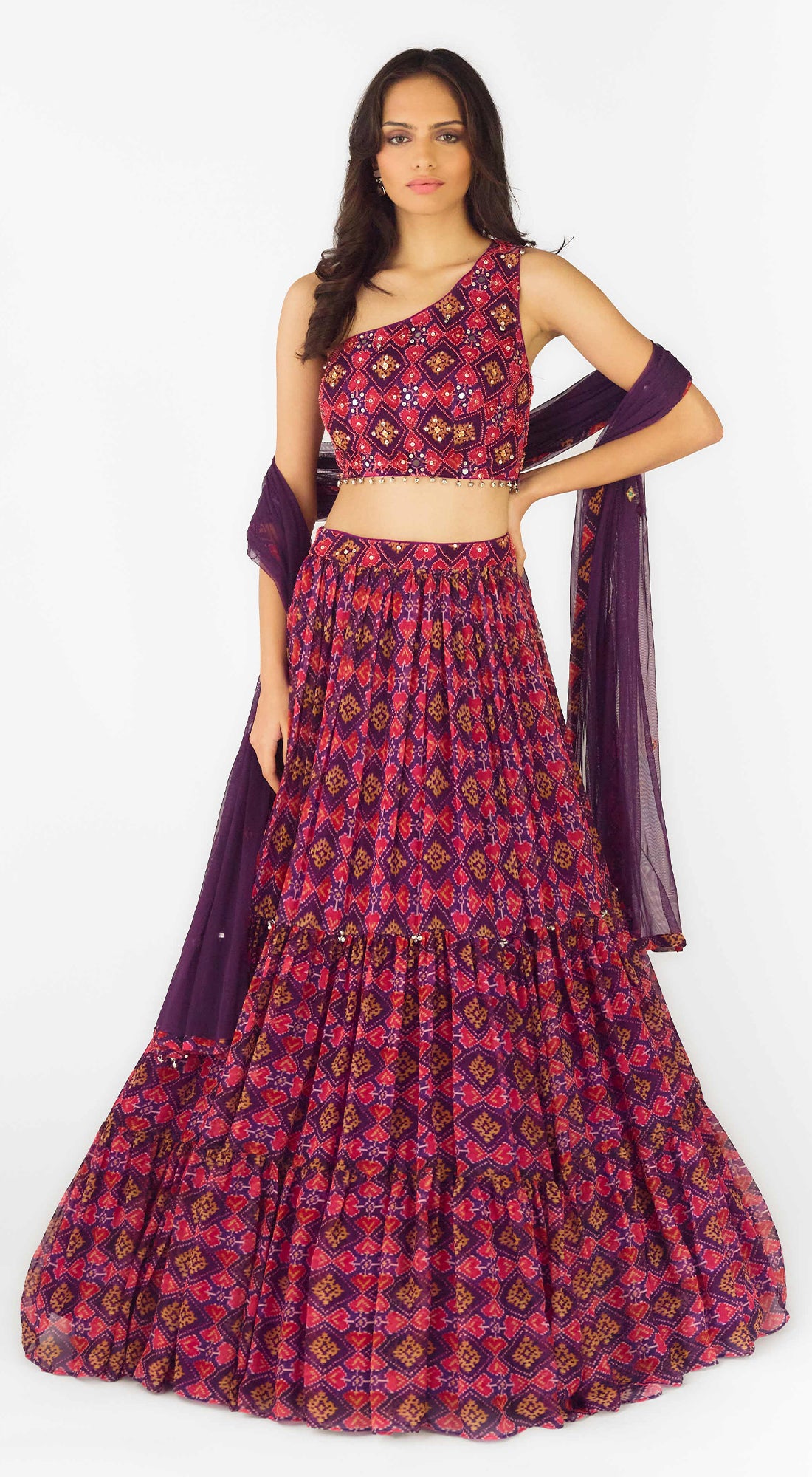 Purple Crepe Embroidered One Shoulder Lehenga Set