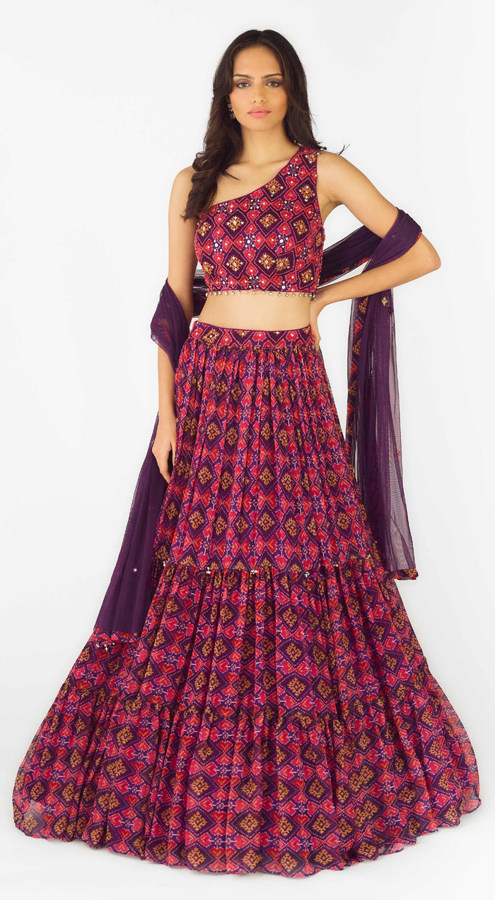 Purple Crepe Embroidered One Shoulder Lehenga Set