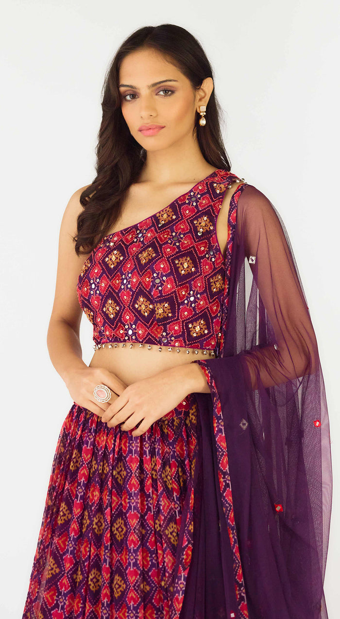 Purple Crepe Embroidered One Shoulder Lehenga Set