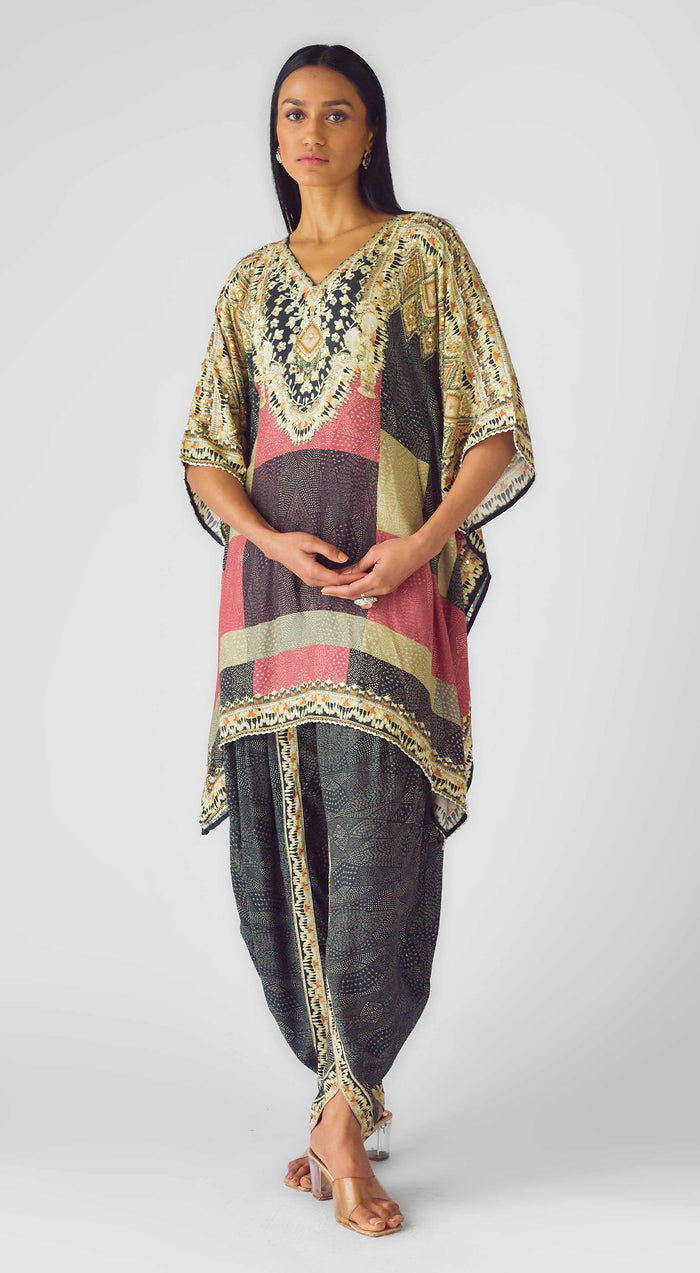 Multi Muslin Embroidered Kaftan Set