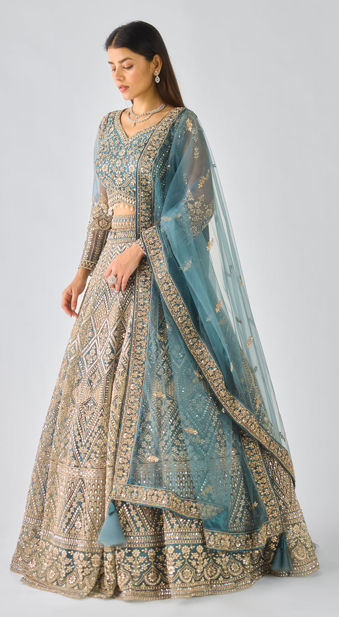 Green Net Embroidered Lehenga Set