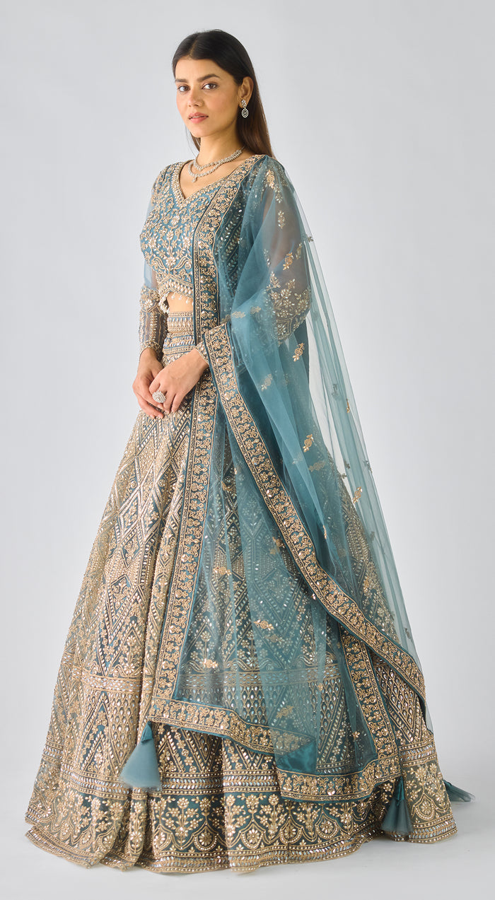 Green Net Embroidered Lehenga Set