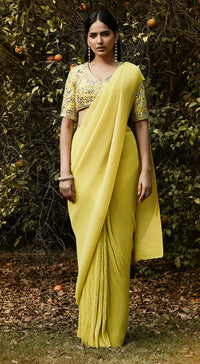 Lime Pre Draped Pleated Georgette Saree