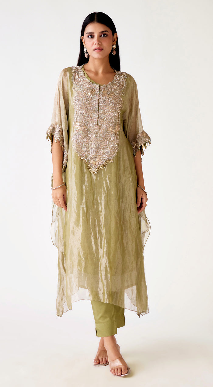 Green Tissue Embroidered Kaftan Set