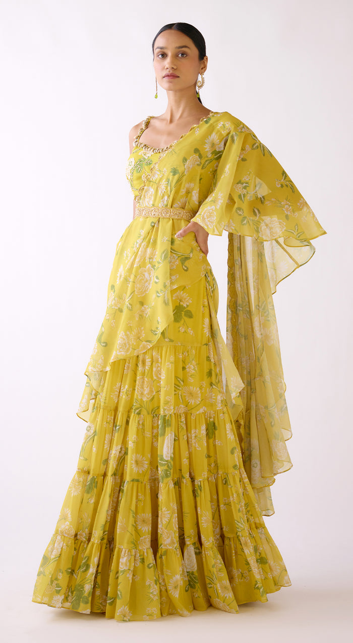 Yellow Embellished Floral Draped Saree