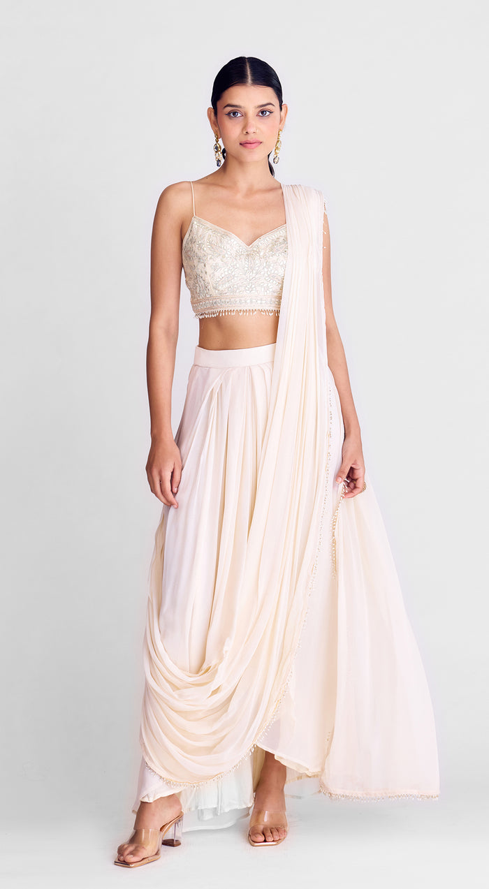 Ivory Pre-Draped Cape Saree