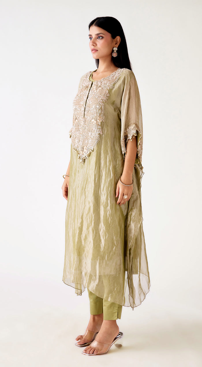 Green Tissue Embroidered Kaftan Set