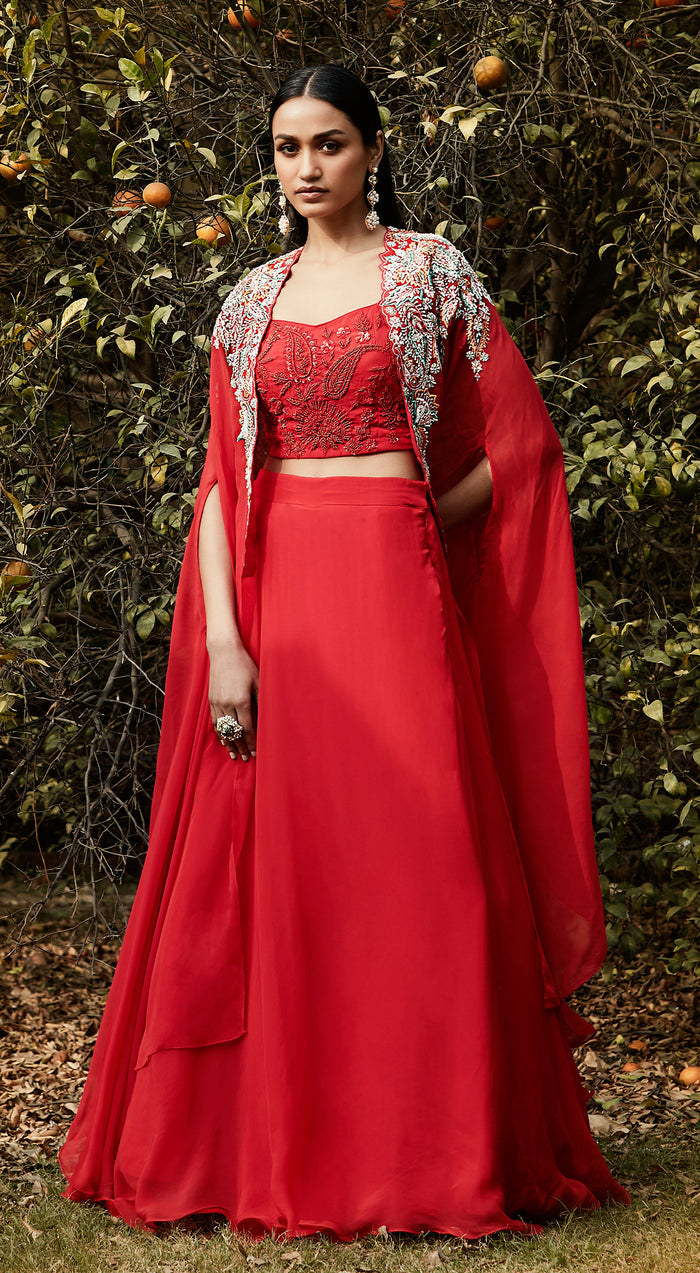 Red Embroidered Cape Set