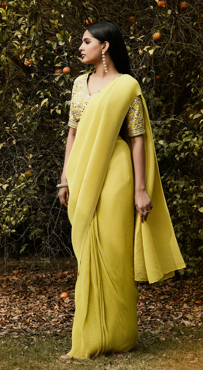 Lime Pre Draped Pleated Georgette Saree