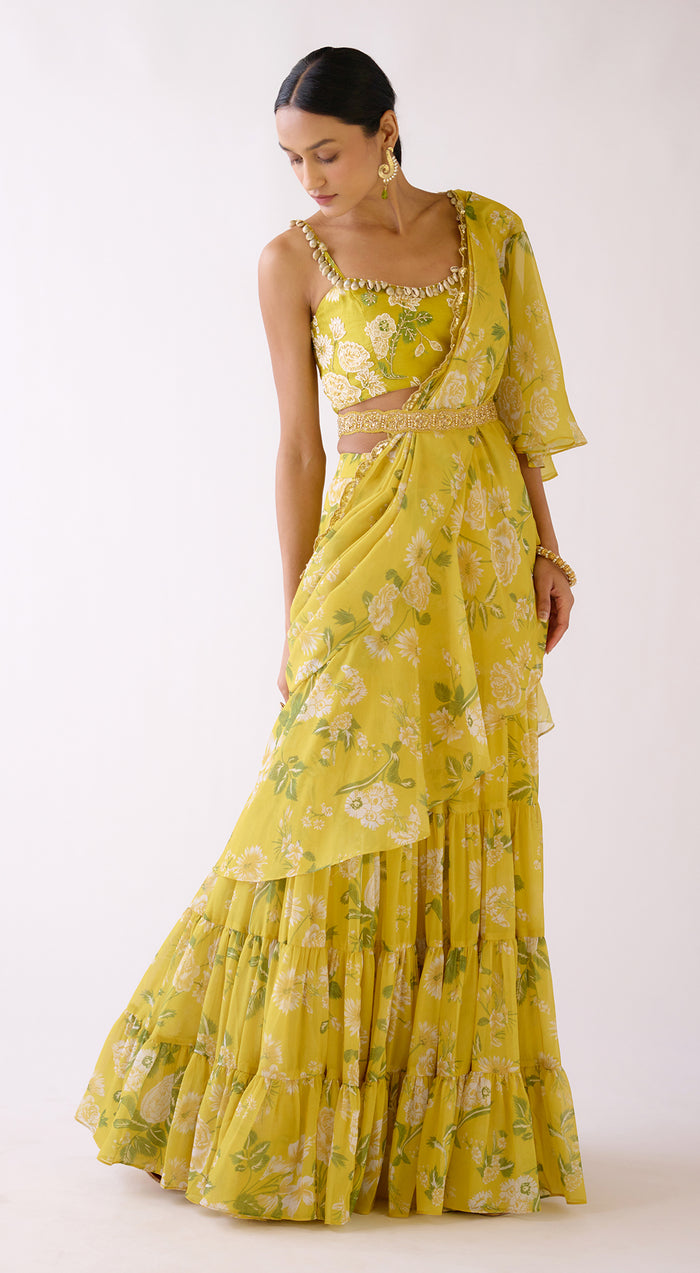 Yellow Embellished Floral Draped Saree