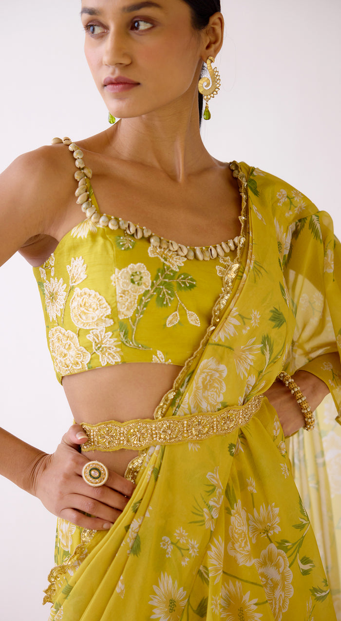 Yellow Embellished Floral Draped Saree