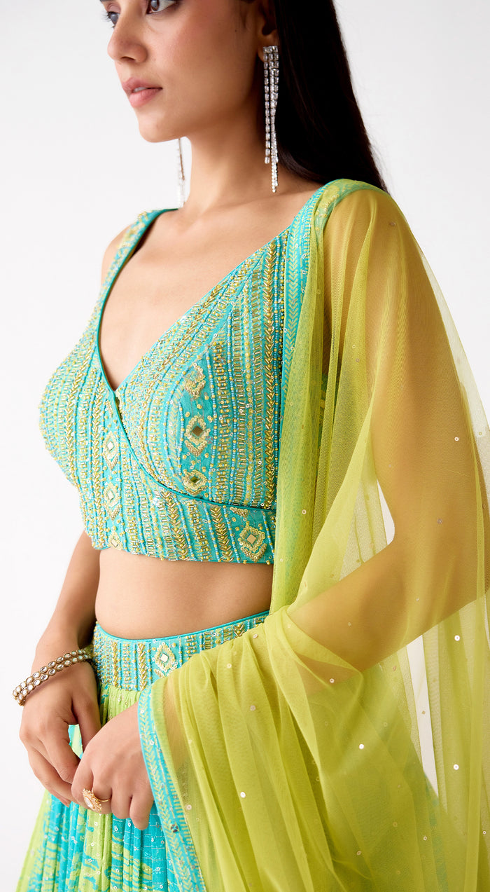 Firozi Georgette Embroidered Lehenga Set