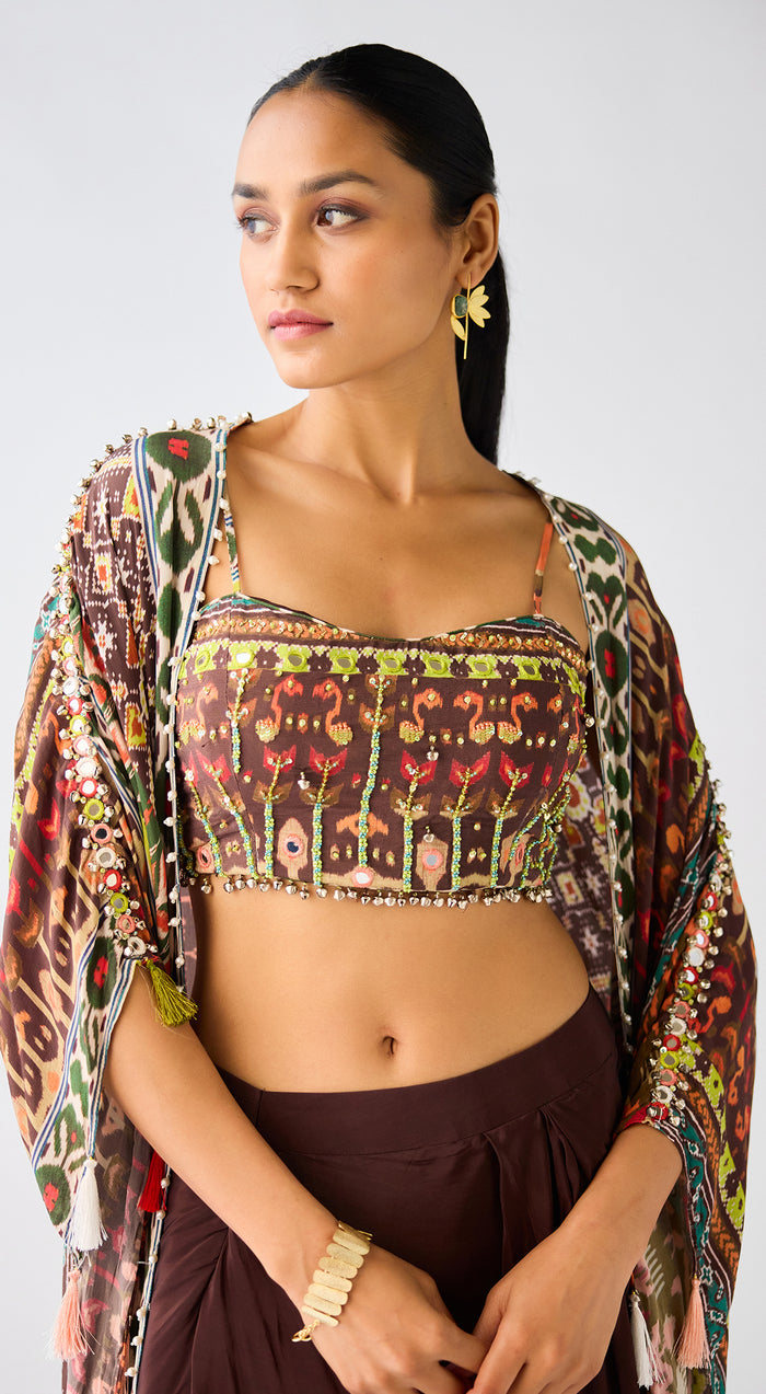 Brown Printed Skirt & Cape Set