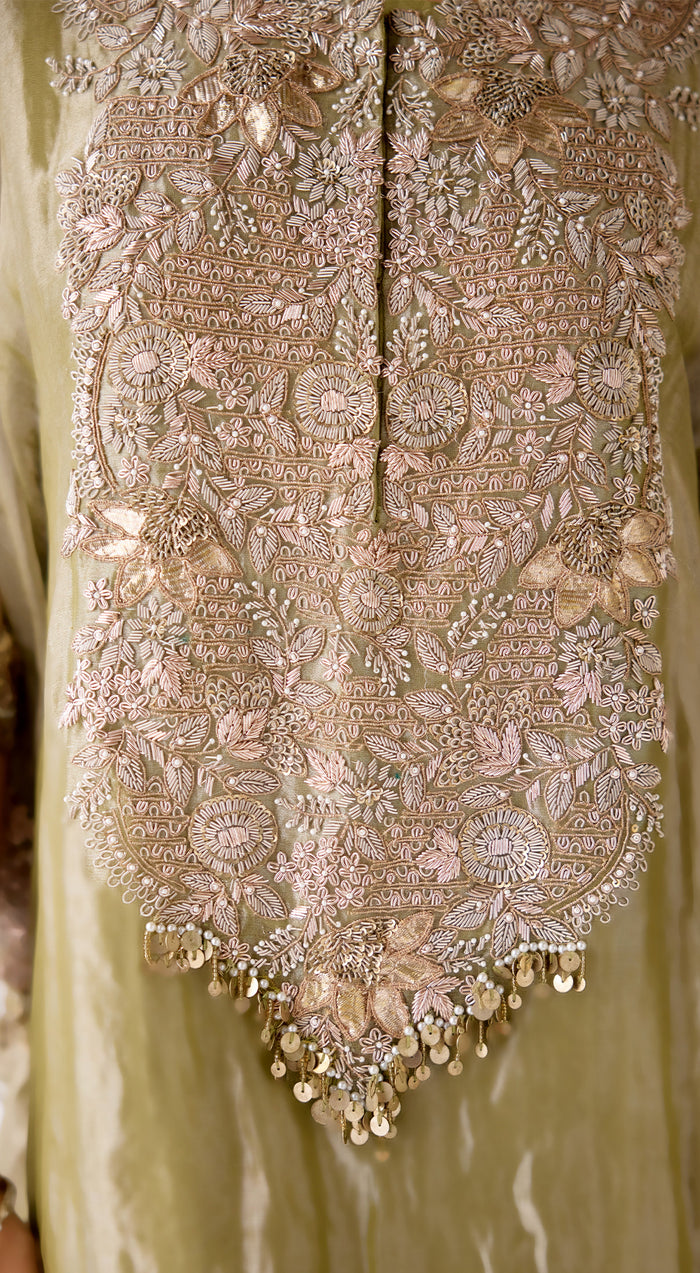 Green Tissue Embroidered Kaftan Set