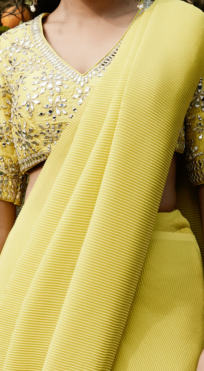 Lime Pre Draped Pleated Georgette Saree