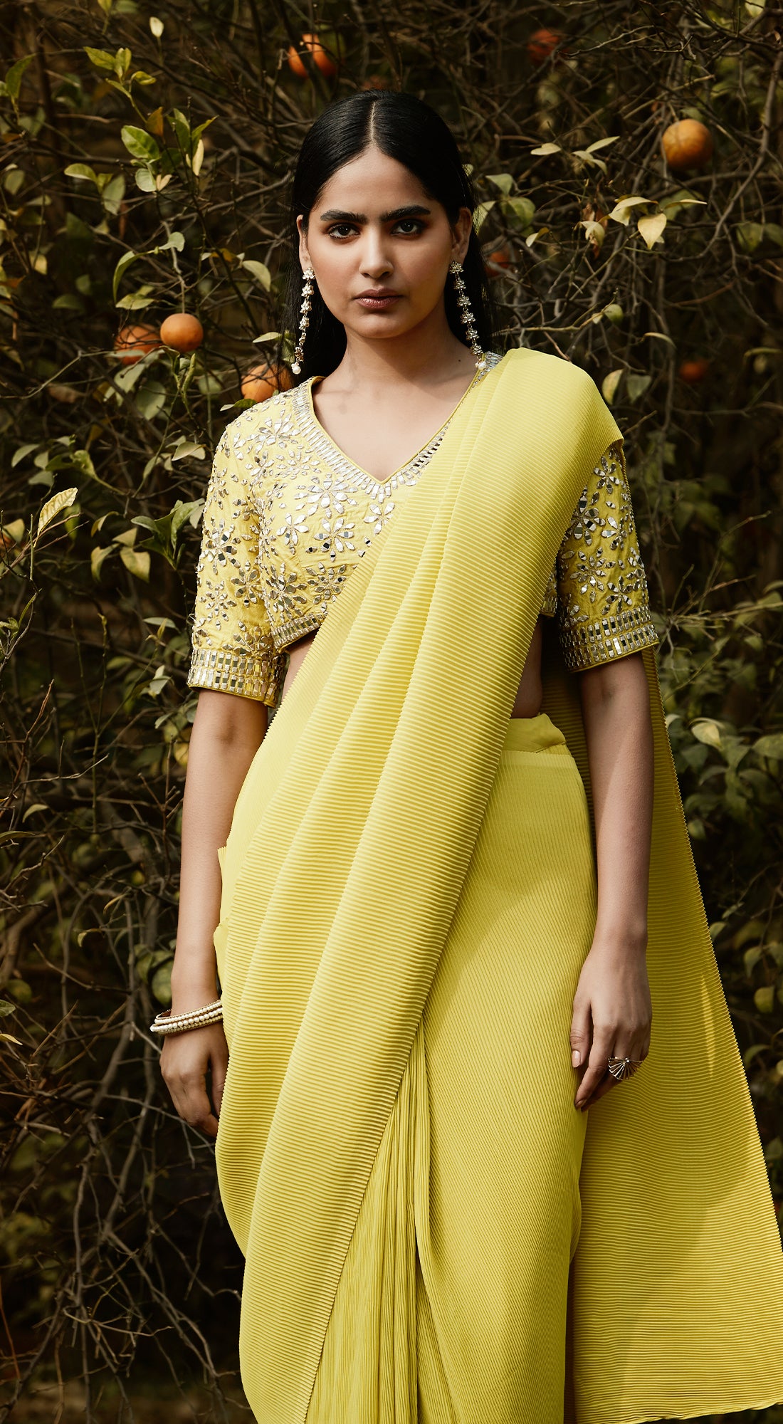 Lime Pre Draped Pleated Georgette Saree