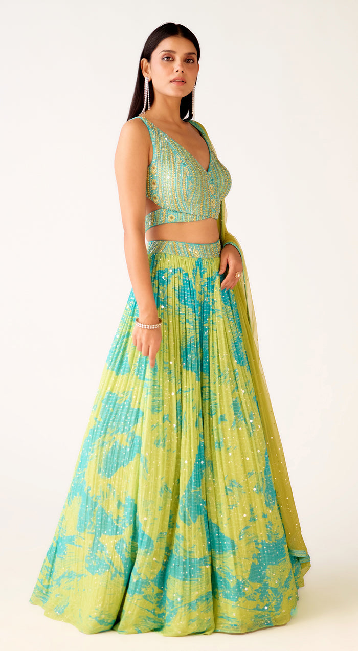 Firozi Georgette Embroidered Lehenga Set
