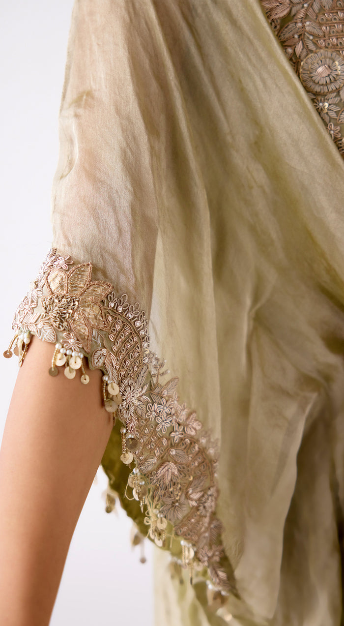 Green Tissue Embroidered Kaftan Set