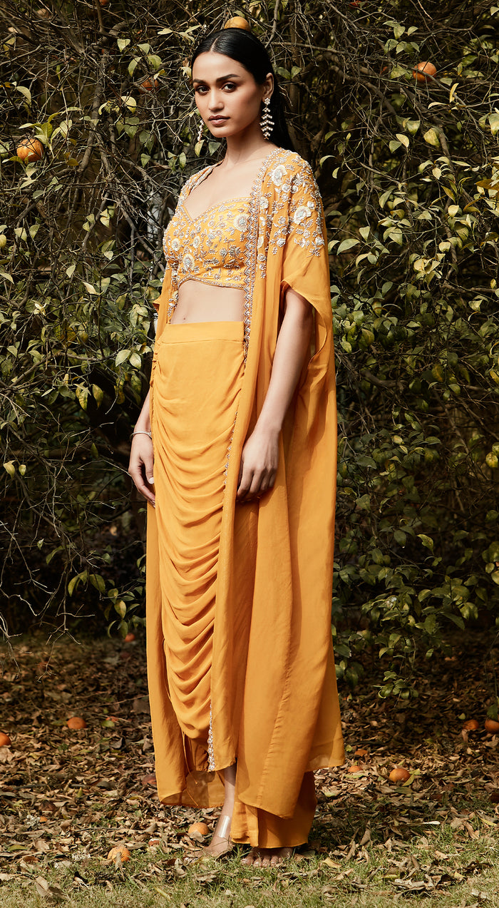 Orange Draped Dhoti & Cape Set