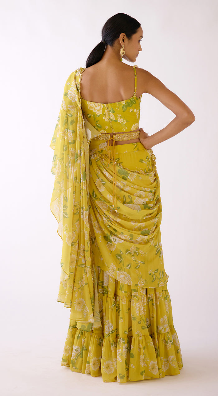 Yellow Embellished Floral Draped Saree