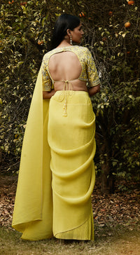 Lime Pre Draped Pleated Georgette Saree