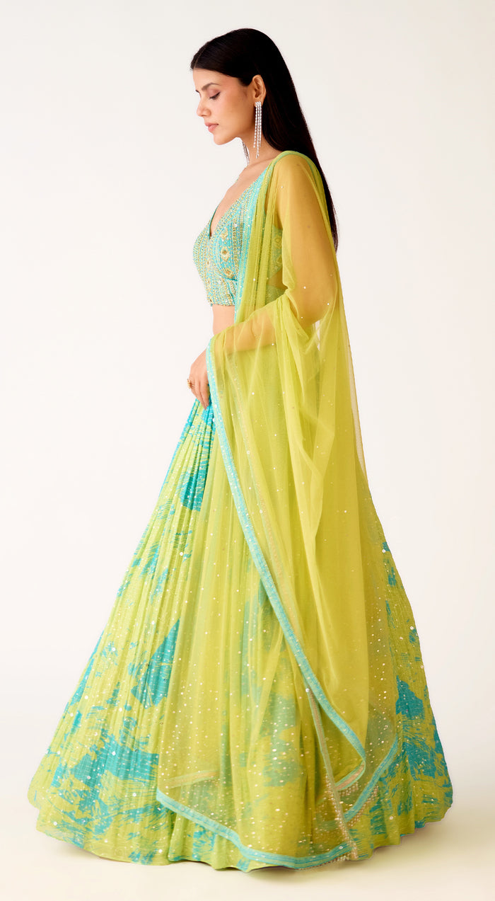 Firozi Georgette Embroidered Lehenga Set