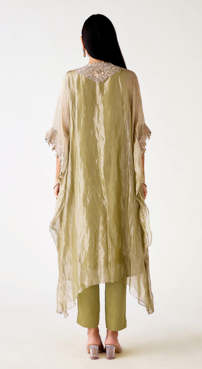 Green Tissue Embroidered Kaftan Set