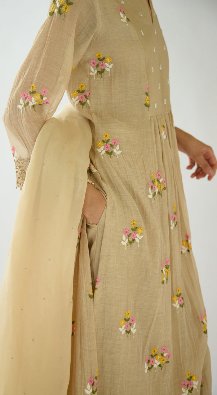 Beige Embroidered Cotton Kurta Set