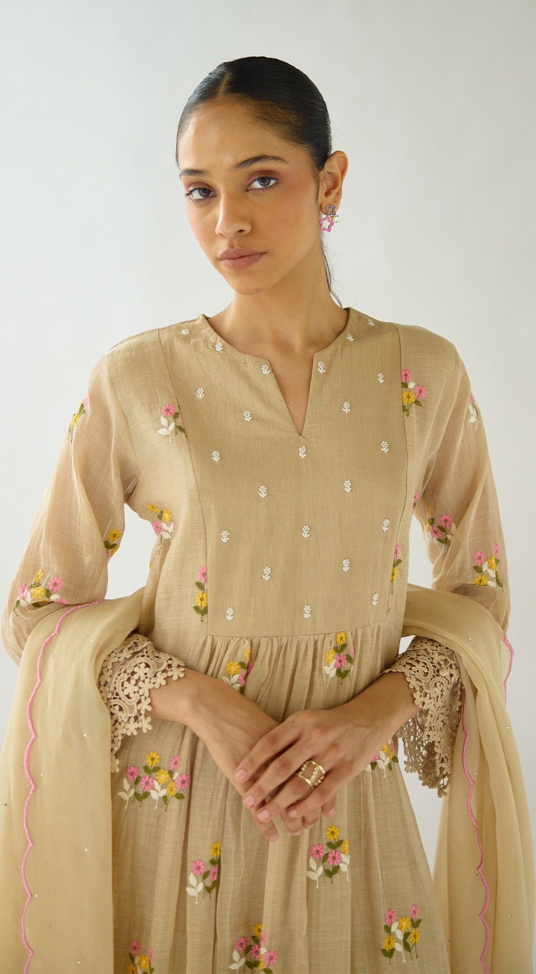 Beige Embroidered Cotton Kurta Set