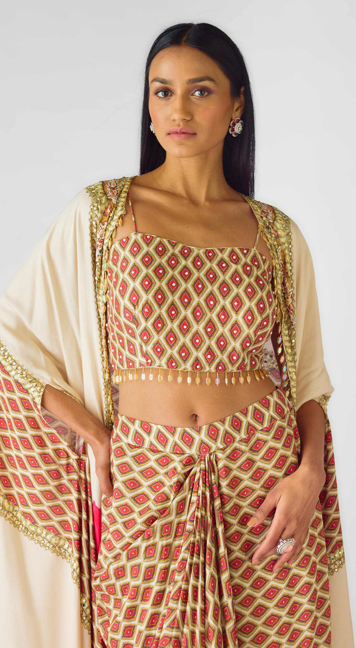 Ivory Muslin Embroidered Cape Set