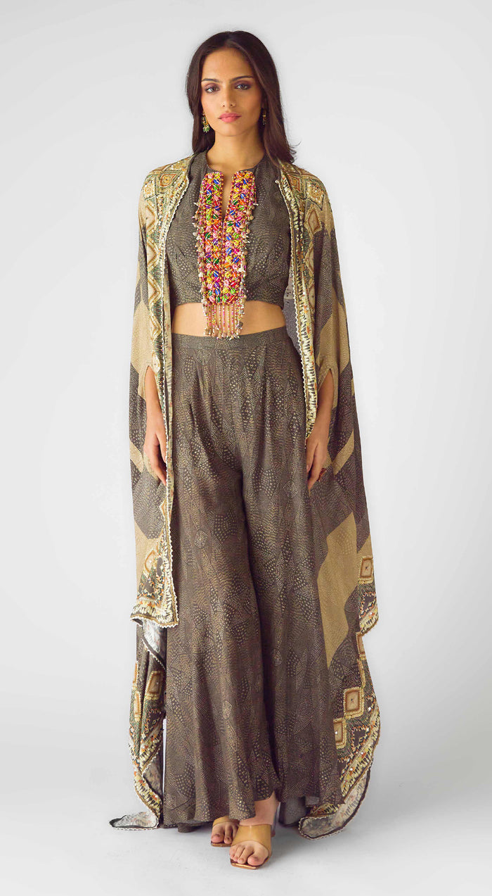 Beige Muslin Embroidered Cape Set