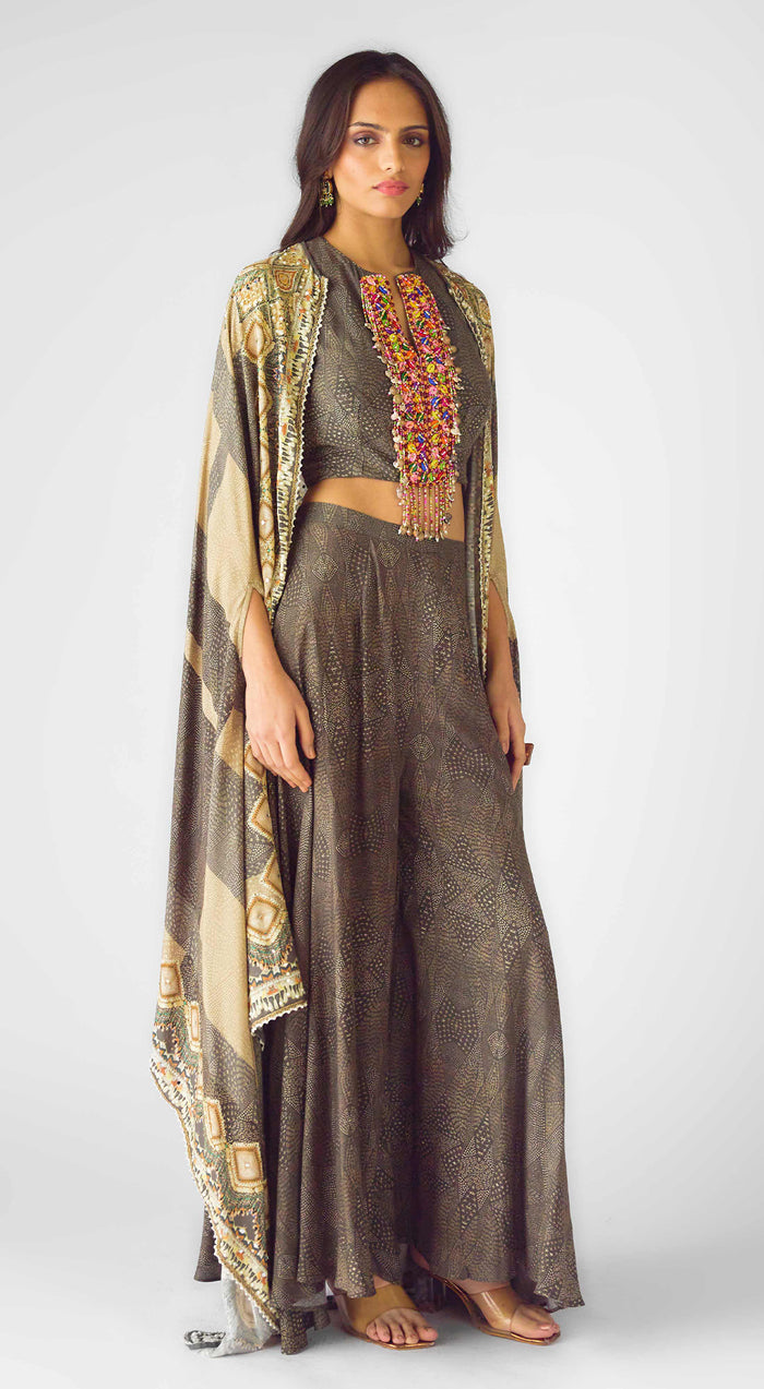Beige Muslin Embroidered Cape Set