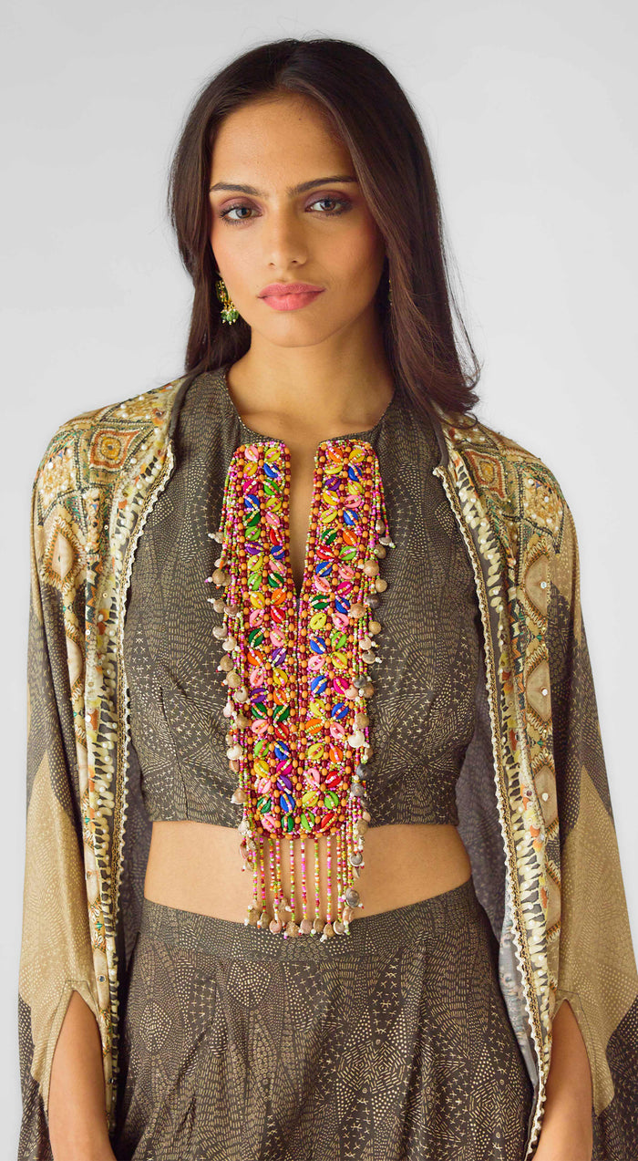 Beige Muslin Embroidered Cape Set