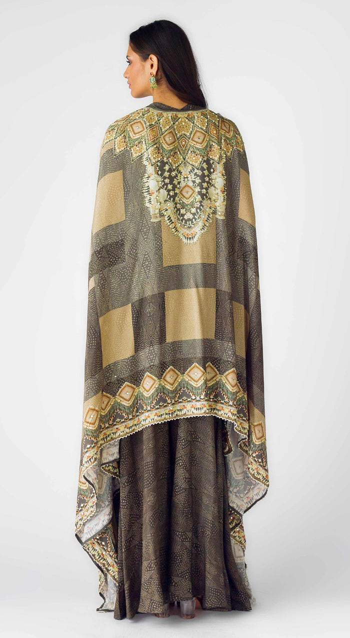 Beige Muslin Embroidered Cape Set