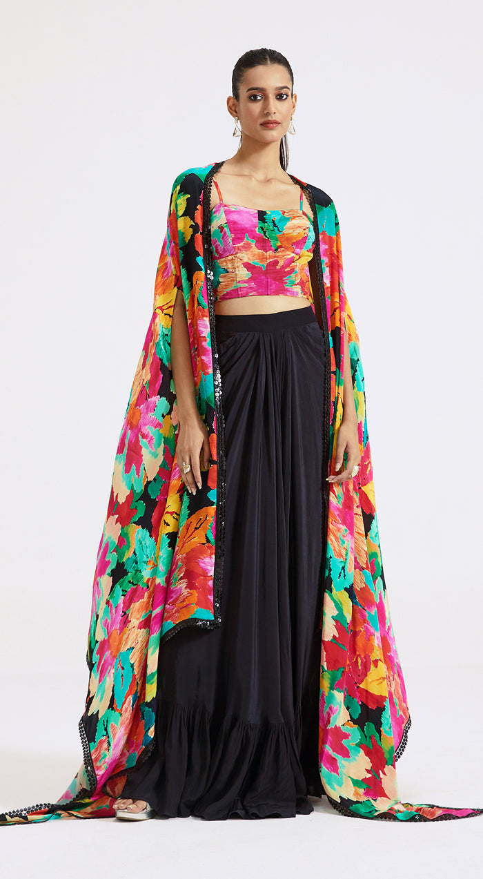 Multicoloured Skirt Set With Cape
