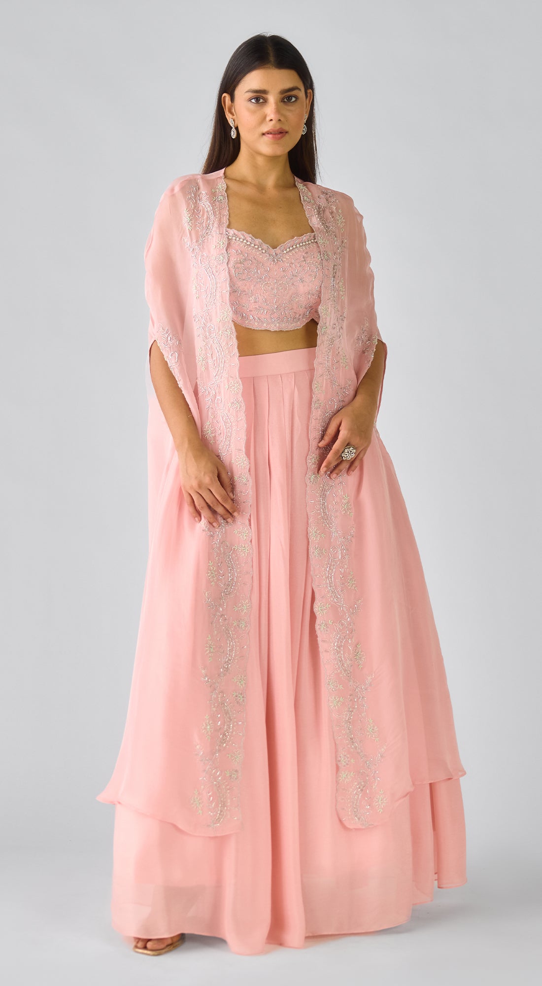 Pink Chiffon Embroidered Cape Set