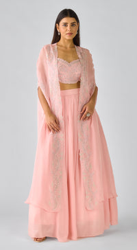 Pink Chiffon Embroidered Cape Set