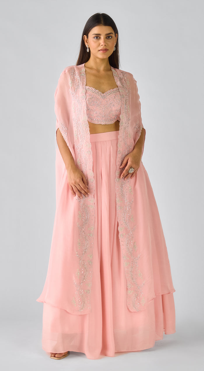 Pink Chiffon Embroidered Cape Set