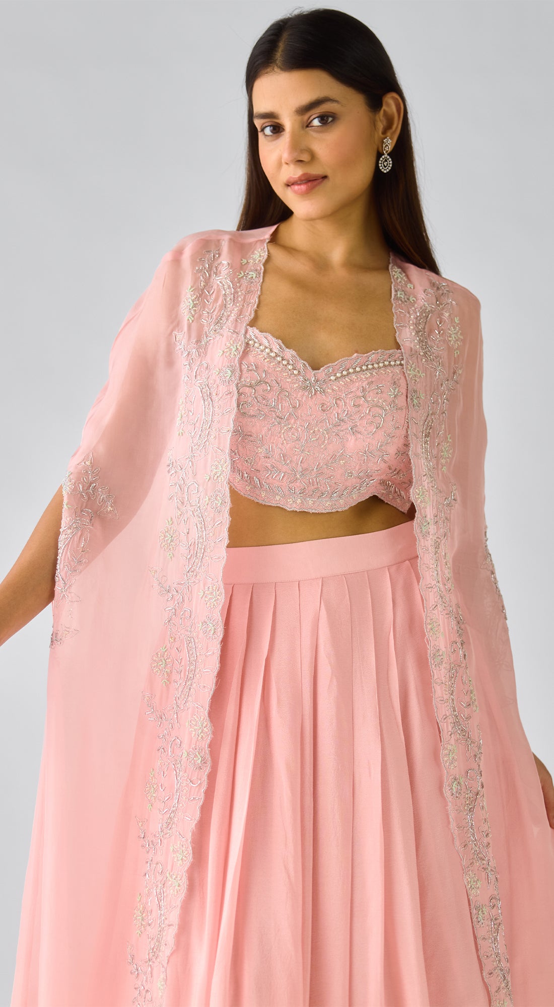 Pink Chiffon Embroidered Cape Set