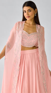 Pink Chiffon Embroidered Cape Set