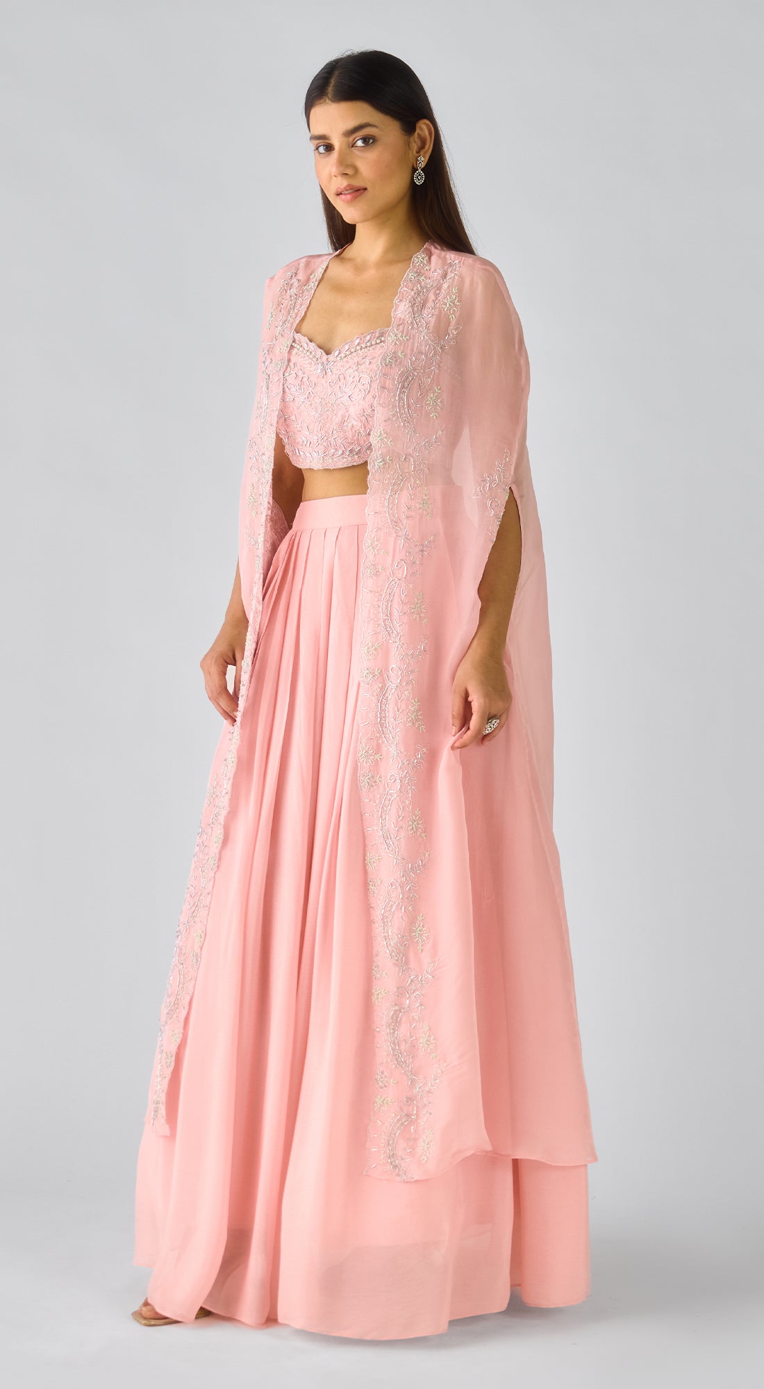 Pink Chiffon Embroidered Cape Set