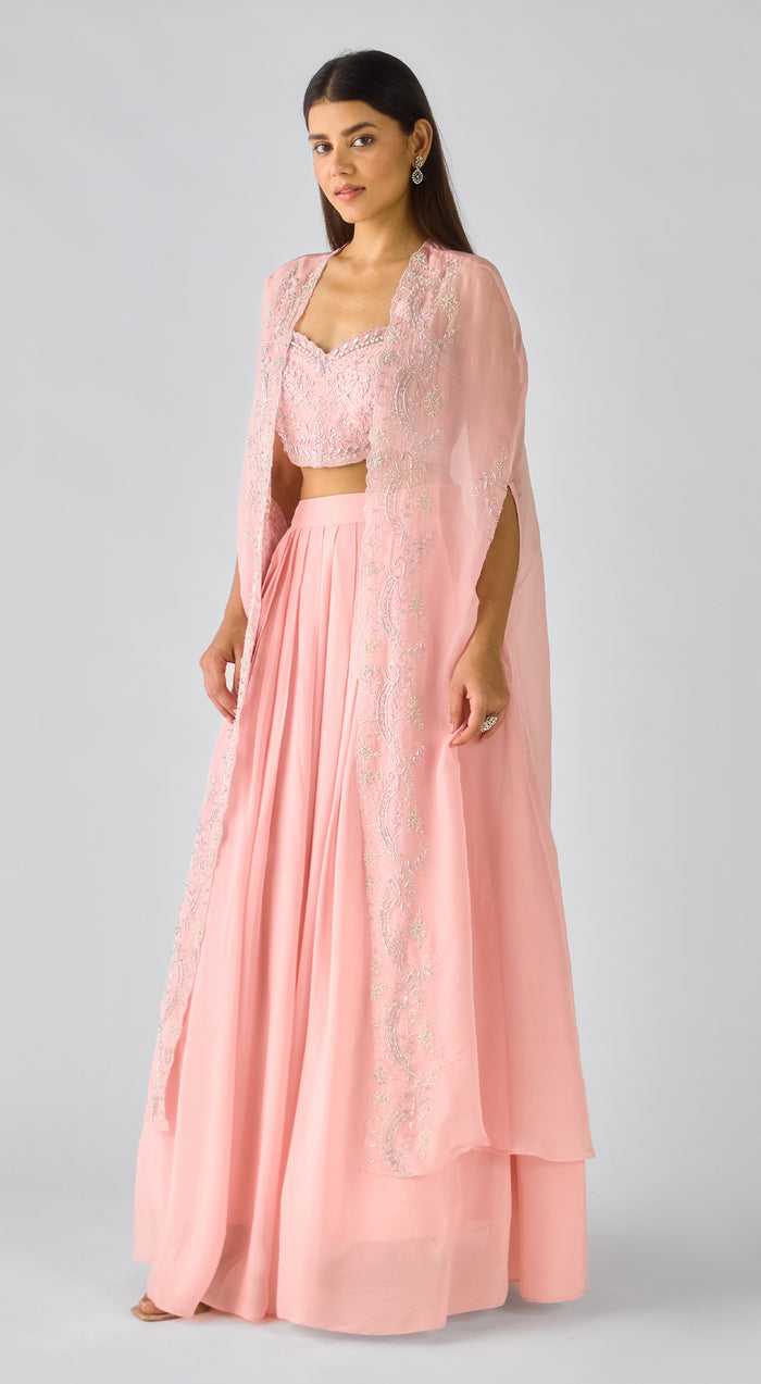 Pink Chiffon Embroidered Cape Set