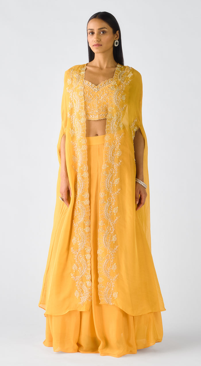 Yellow Chiffon Embroidered Cape Set