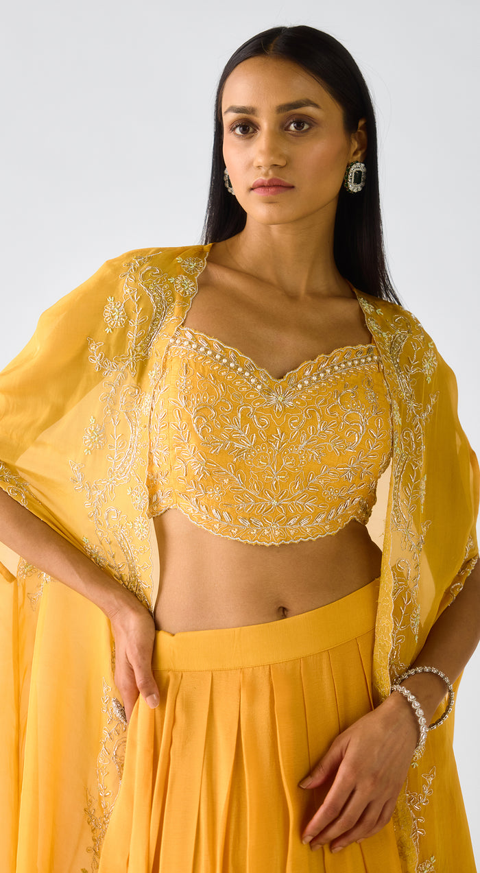 Yellow Chiffon Embroidered Cape Set