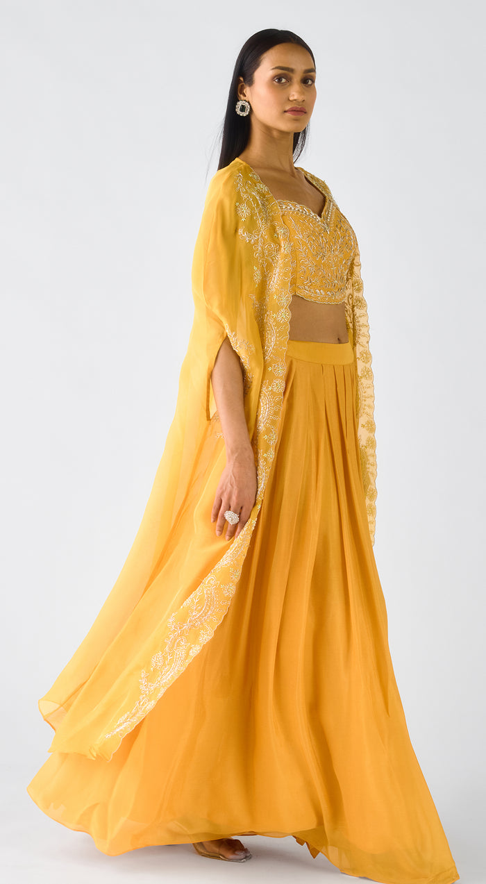 Yellow Chiffon Embroidered Cape Set