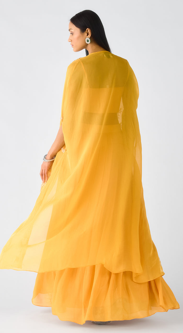 Yellow Chiffon Embroidered Cape Set