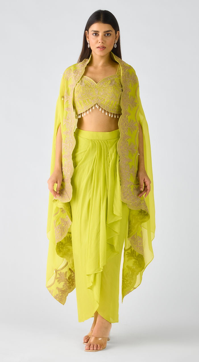 Lime Chiffon Embroidered Cape Set