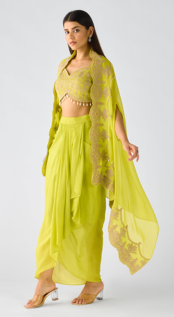 Lime Chiffon Embroidered Cape Set